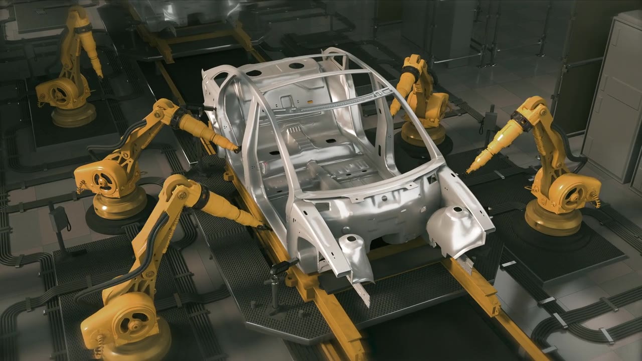 詳情圖-空中汽車工廠3D概念:自動(dòng)化機(jī)械臂裝配線制造高科技綠色能源電動(dòng)汽車。施工，焊接工業(yè)生產(chǎn)輸送機(jī)