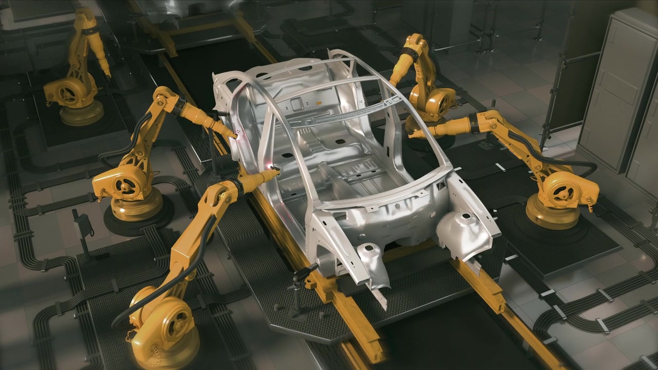 詳情圖-空中汽車工廠3D概念:自動(dòng)化機(jī)械臂裝配線制造高科技綠色能源電動(dòng)汽車。施工，焊接工業(yè)生產(chǎn)輸送機(jī)