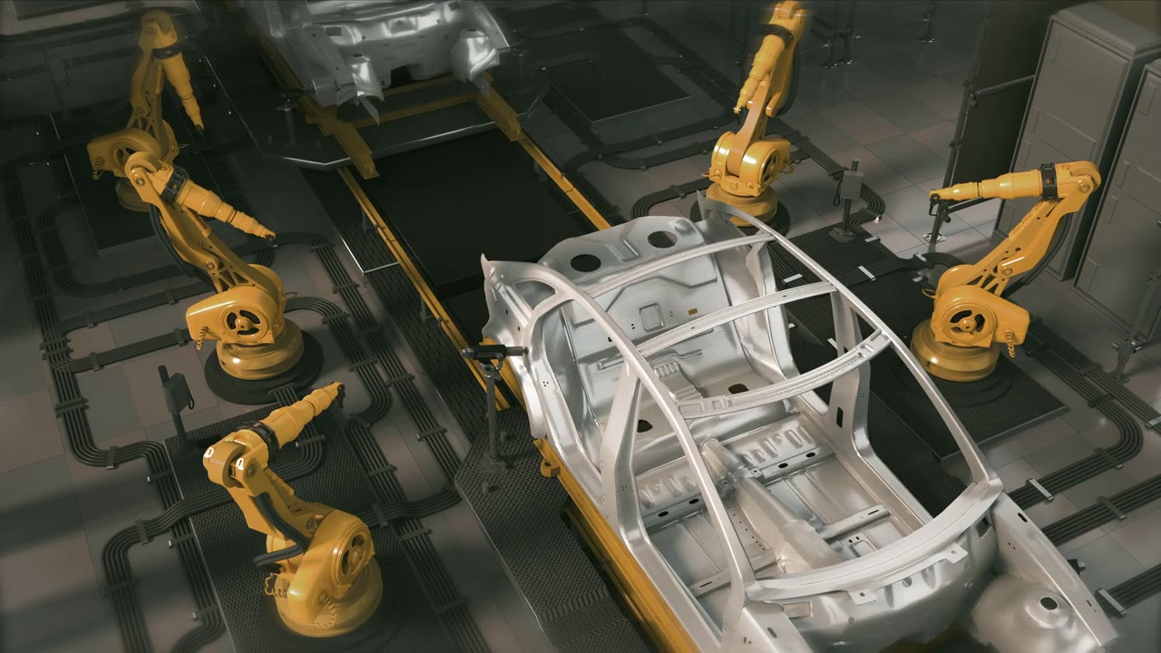 詳情圖-空中汽車工廠3D概念:自動(dòng)化機(jī)械臂裝配線制造高科技綠色能源電動(dòng)汽車。施工，焊接工業(yè)生產(chǎn)輸送機(jī)