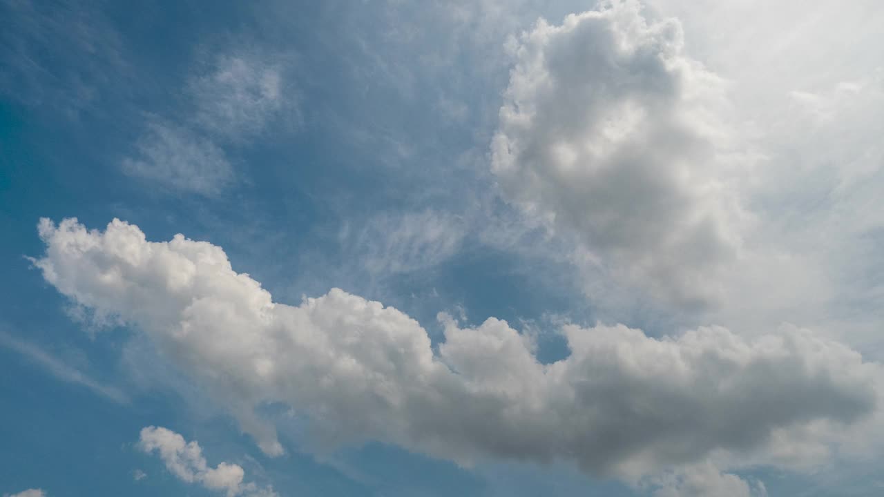 时光流逝蓝色的天空，蓬松的白云在夏天明亮清晰的天际线与美丽的云景。时光流逝全景蓝天云天在日光下复制空间。云景晴天。