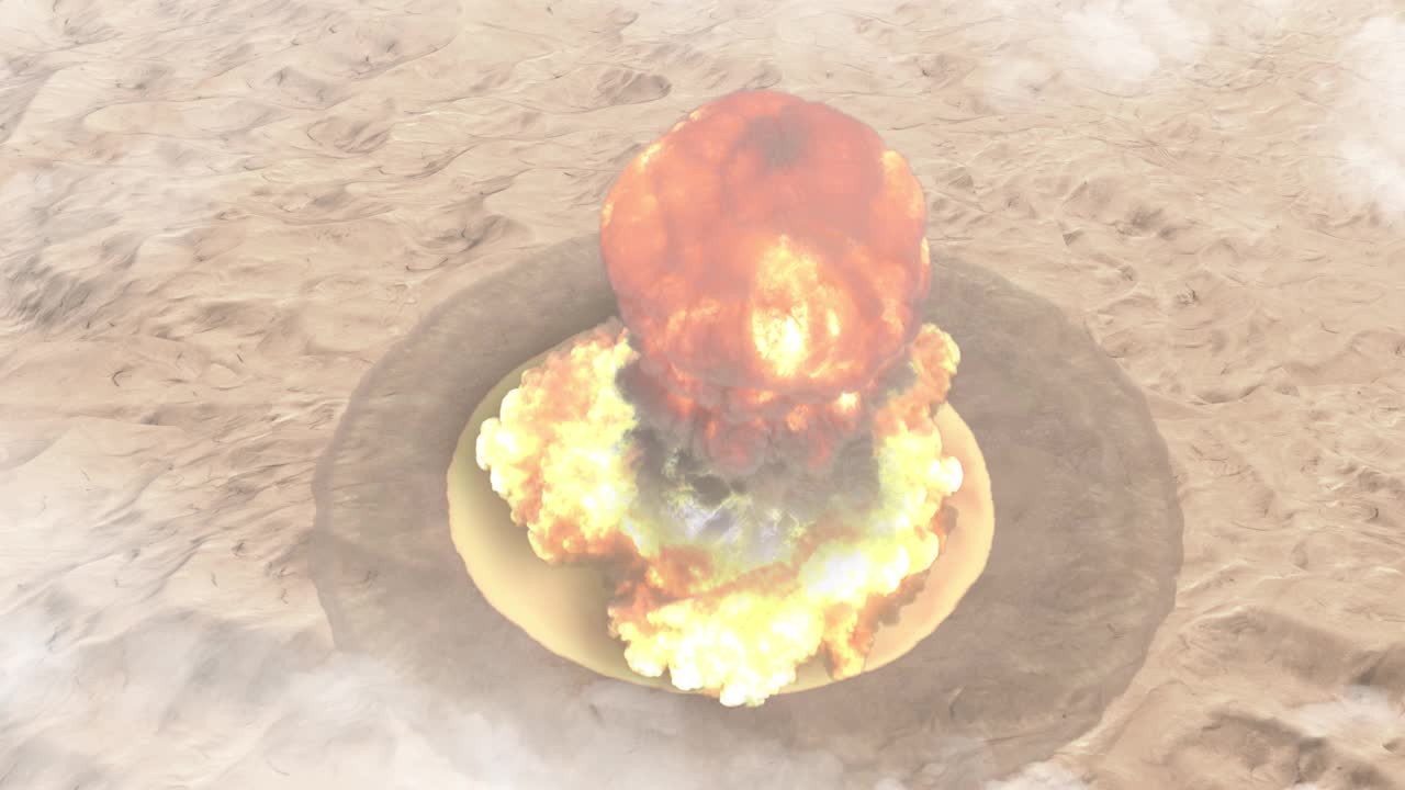 巨大的核弹爆炸在沙漠上空形成蘑菇云，