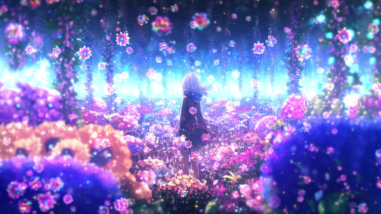 《五彩花叢中的花園中的動漫女孩》4k背景