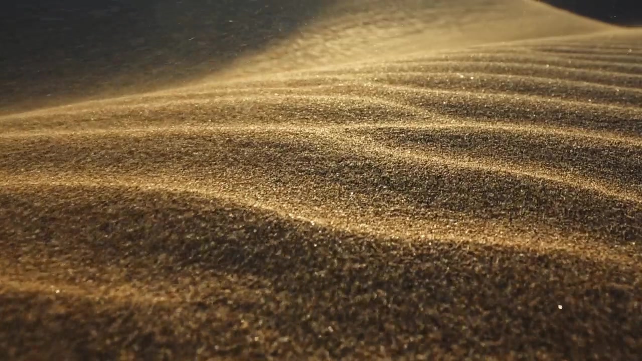 详情图-沙漠中的沙尘暴。微距拍摄的沙粒被风吹走。在落日的余晖中，摄像机沿着沙漠中的沙丘表面移动。沙子在风中飘动。慢镜头