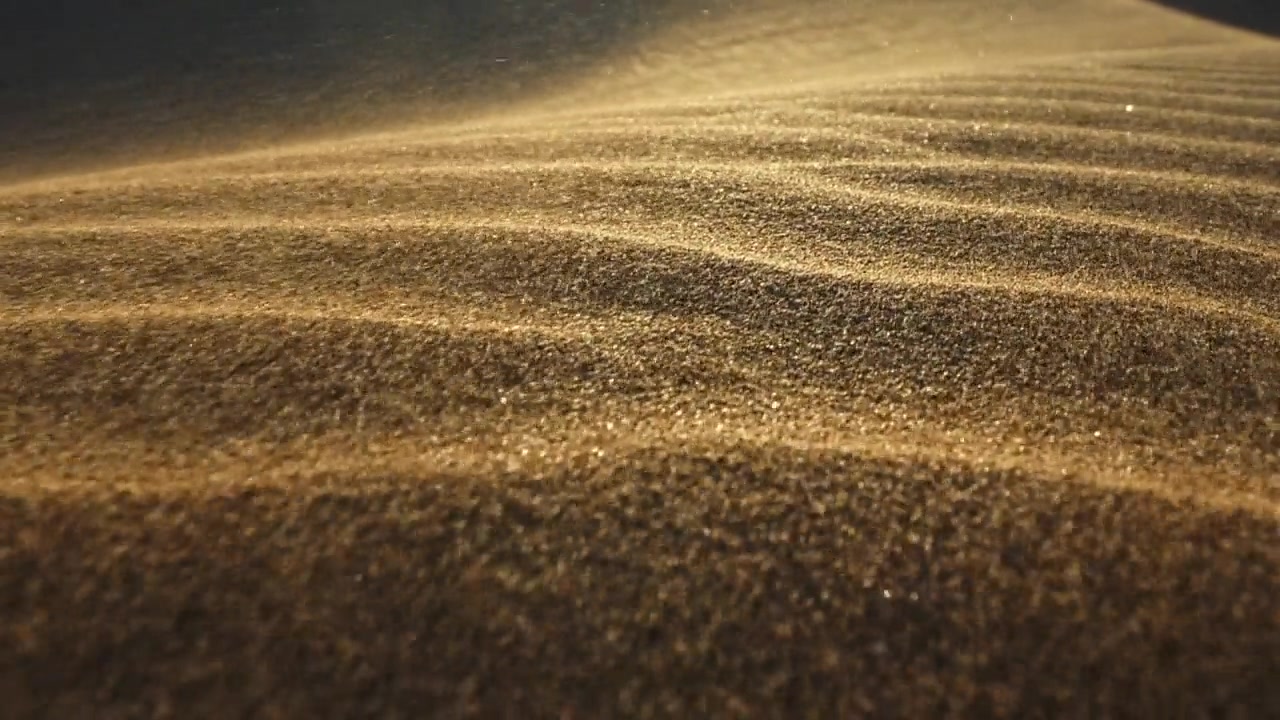 详情图-沙漠中的沙尘暴。微距拍摄的沙粒被风吹走。在落日的余晖中，摄像机沿着沙漠中的沙丘表面移动。沙子在风中飘动。慢镜头