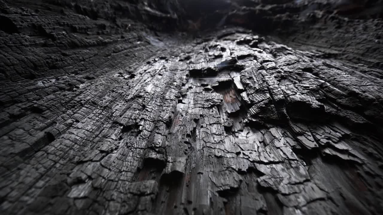 摄像机沿着美国红杉国家公园里烧焦的红杉移动。烧焦的树皮。极端高温和气候变化造成的自然灾害