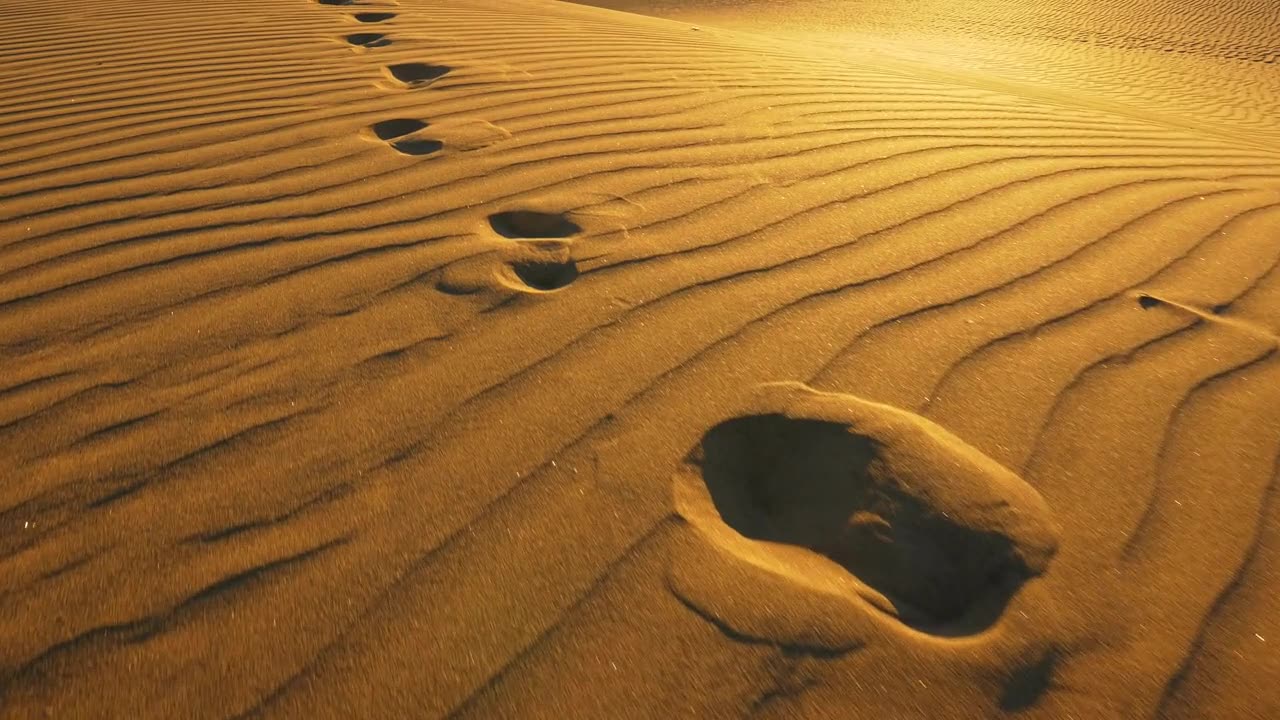 详情图-摄像机追踪大沙丘上的脚印。温暖的夕阳下，沙漠里沙滩上的脚印。UHD,4,k