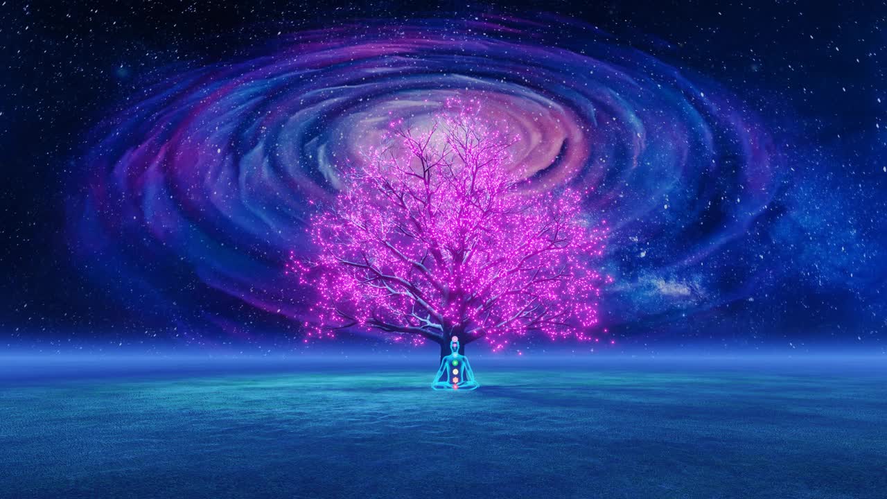 瑜伽行者与脉轮坐在下面发光的粉红色树旋转星系的背景
