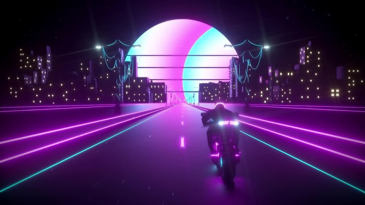 3D賽博朋克合成波摩托車騎手在城市
