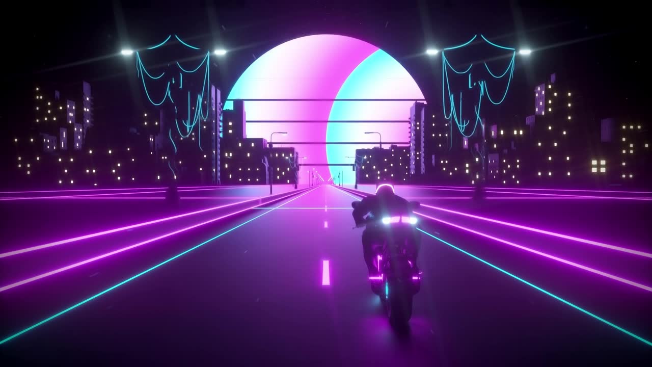 詳情圖-3D賽博朋克合成波摩托車騎手在城市