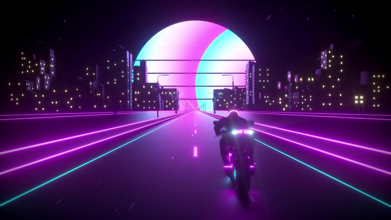 詳情圖-3D賽博朋克合成波摩托車騎手在城市