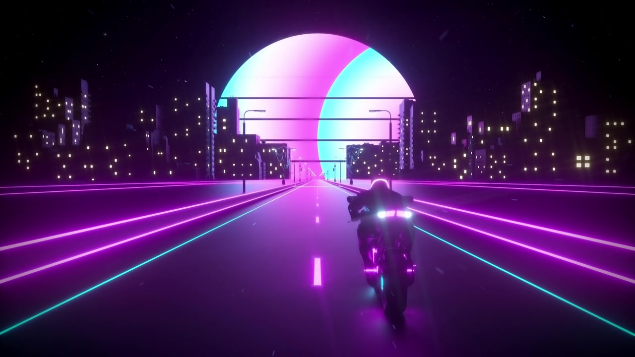 詳情圖-3D賽博朋克合成波摩托車騎手在城市