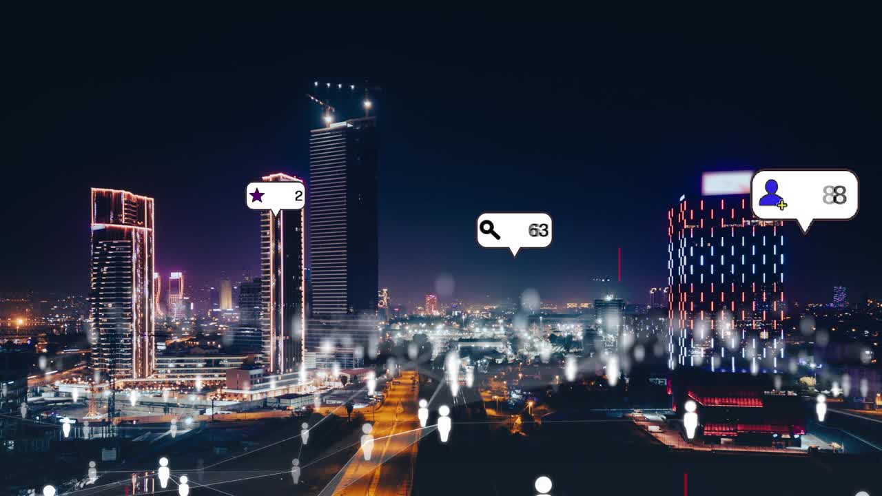 社交媒体图标飞过城市中心，显示人们通过社交网络应用平台参与连接。在线社区和社交媒体营销策略的概念。