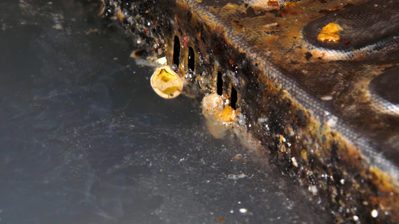 非常脏的水流进下水道。被污染的水和食物垃圾一起通过垃圾格栅流入下水道。肮脏的液体和垃圾的漩涡。肮脏的厨房水槽。厨房设备。特写镜头