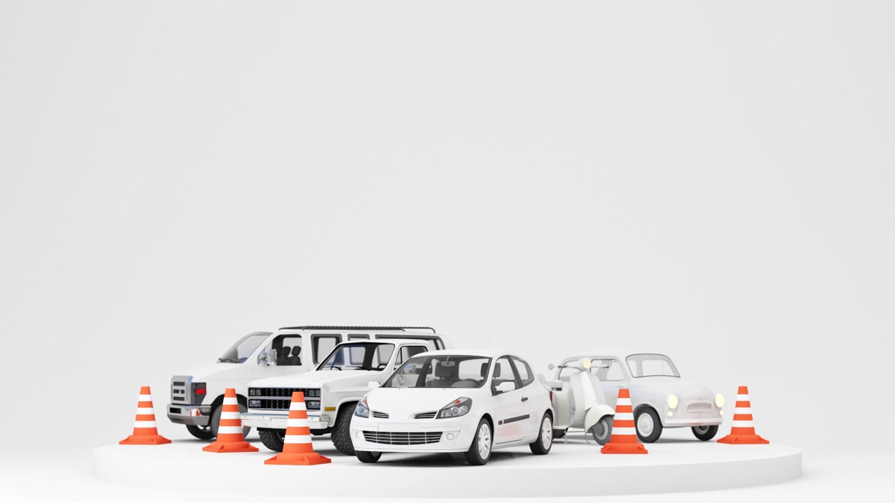 詳情圖-汽車保護(hù)與安全保障理念，車險(xiǎn)網(wǎng)站橫幅設(shè)計(jì)。黃色的汽車在傘下，黃色的背景上有交通錐和商務(wù)手。動(dòng)畫三維渲染