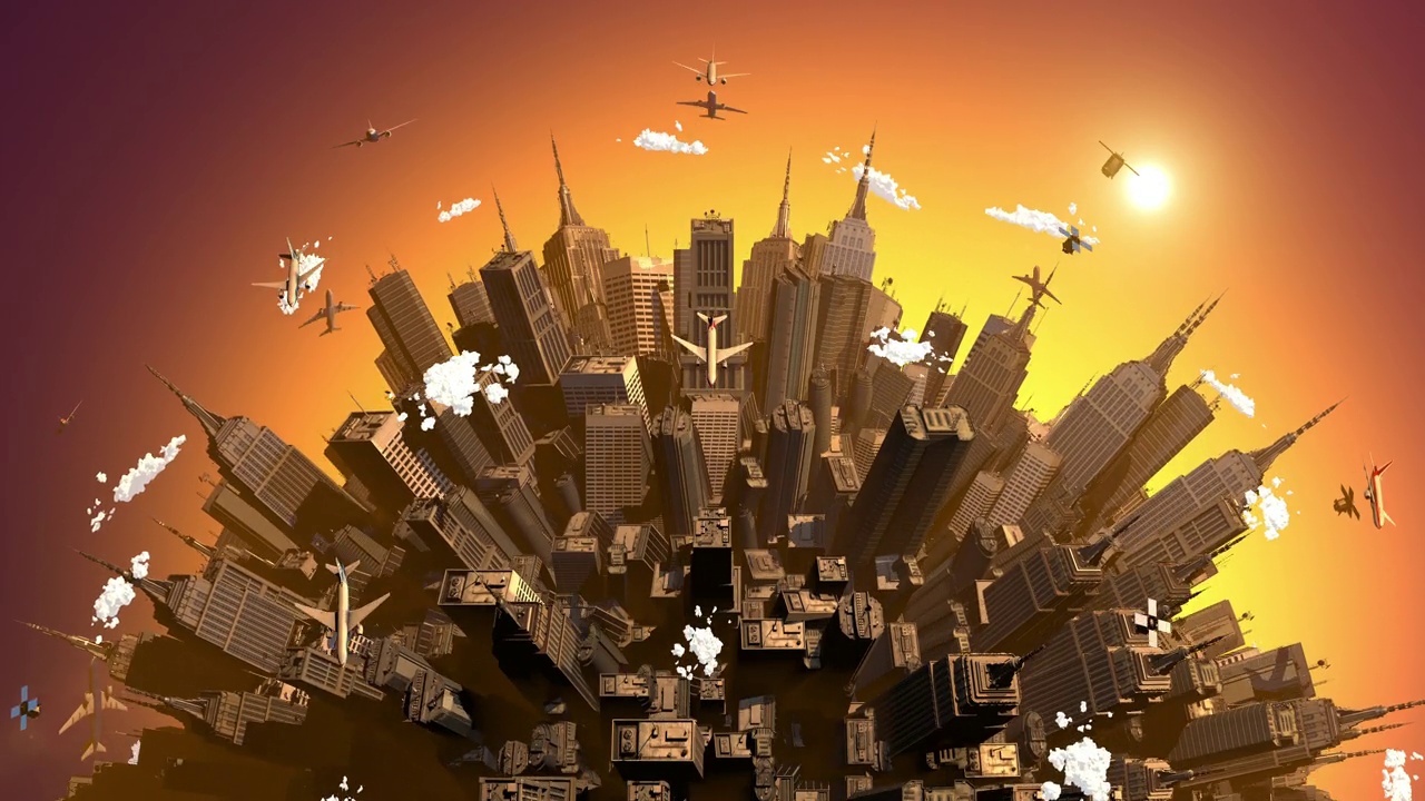 详情图-在拥挤的城市上空飞行。地球在旋转。