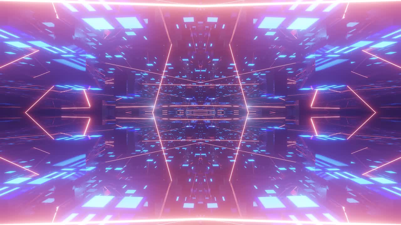 辉光科幻对称结构。Vj环时尚霓虹灯隧道。高科技霓虹灯隧道。在对称的网络空间中进行科幻飞行。视频游戏或vj夜总会背景霓虹灯。