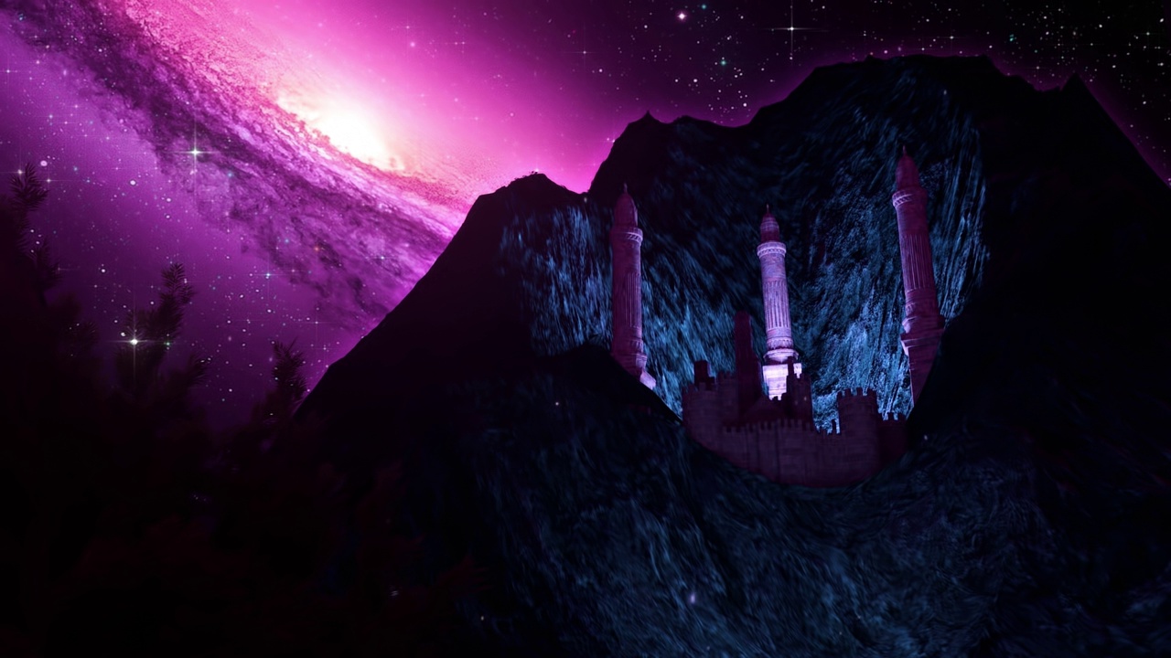 神秘城堡夜下星空-循环幻想景观背景
