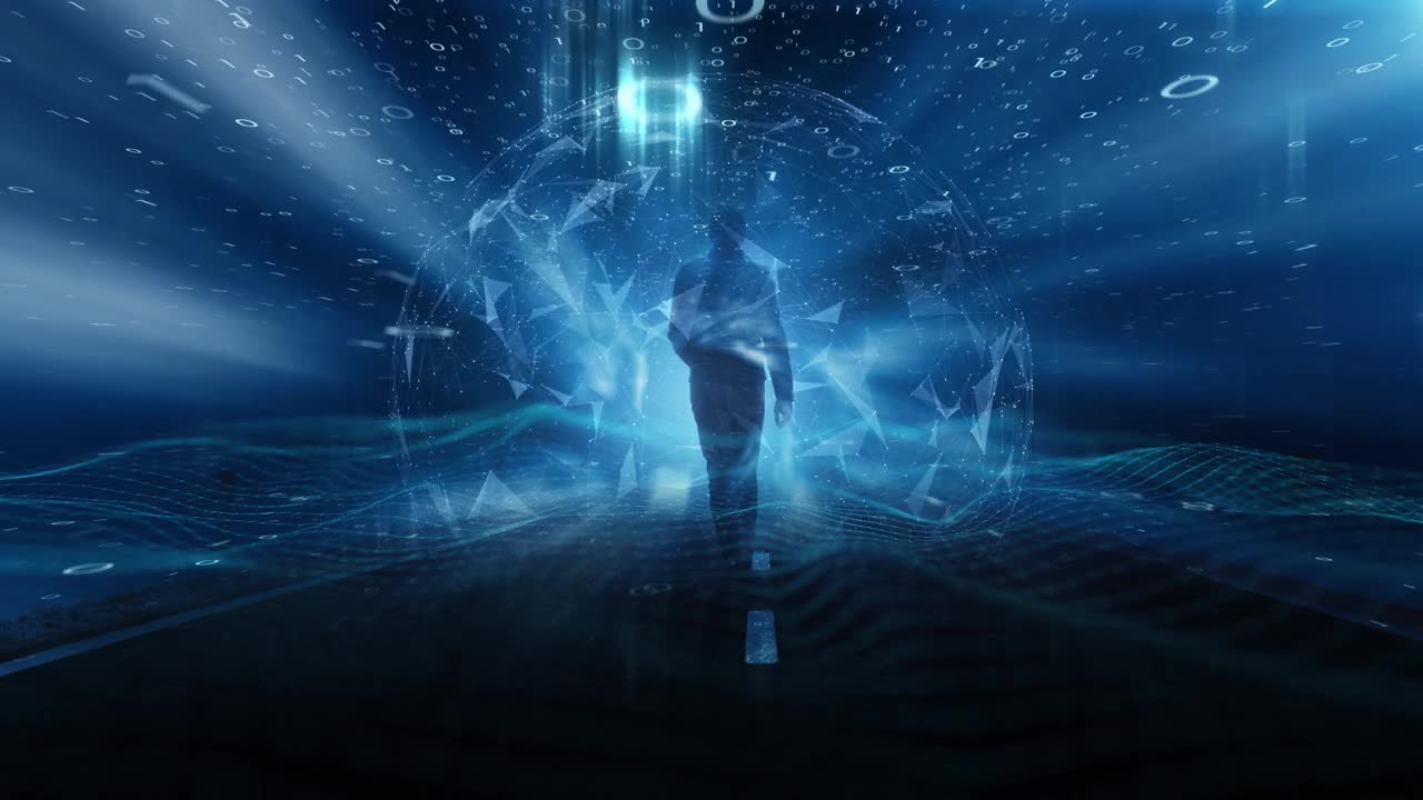 商人走在艺术虚拟数字网络的网络空间道路上。