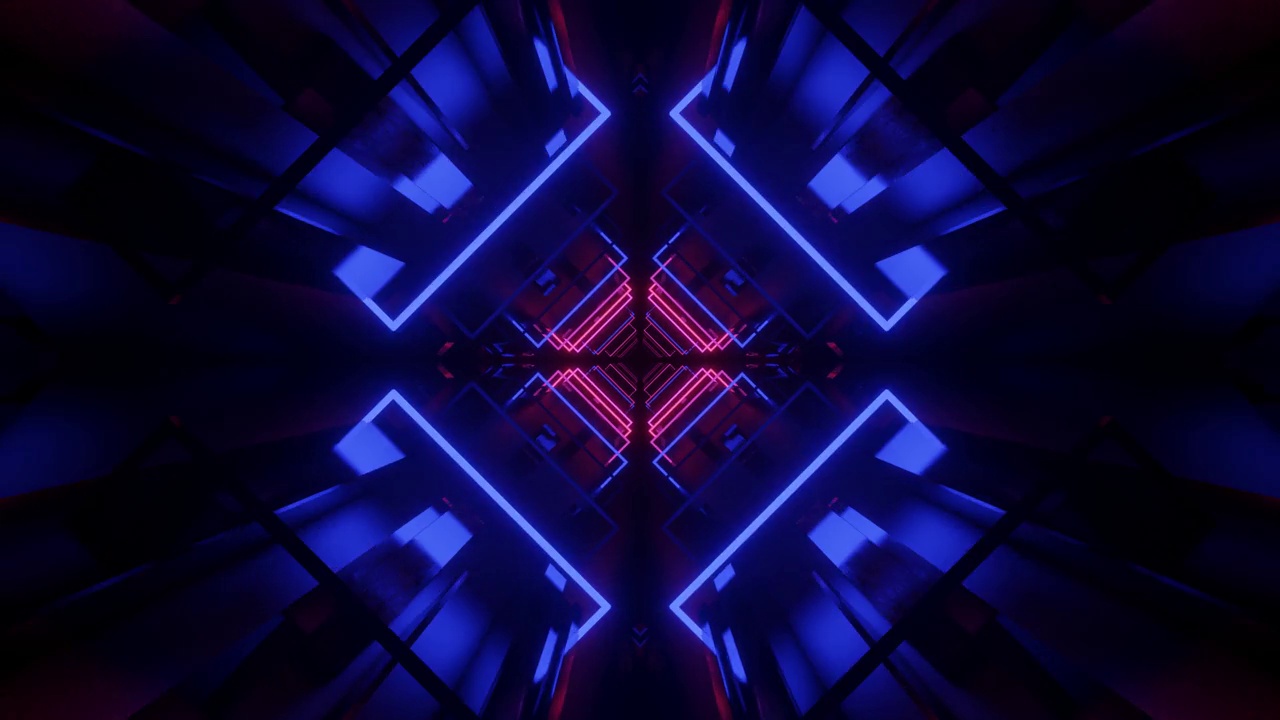 详情图-辉光科幻对称结构。Vj环时尚霓虹灯隧道。高科技霓虹灯隧道。在对称的网络空间中进行科幻飞行。视频游戏或vj夜总会背景霓虹灯。