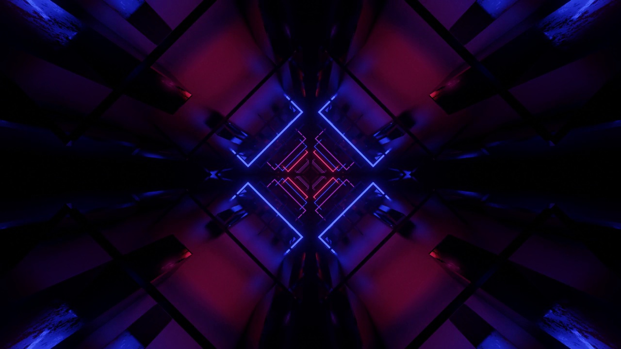 详情图-辉光科幻对称结构。Vj环时尚霓虹灯隧道。高科技霓虹灯隧道。在对称的网络空间中进行科幻飞行。视频游戏或vj夜总会背景霓虹灯。