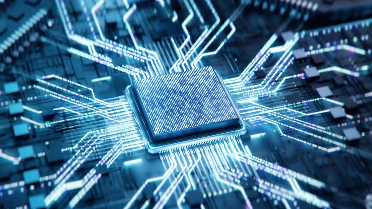 详情图-概念:先进的移动微处理器芯片与主板连接并激活整个系统。CPU连接插座后能量脉冲扩大。