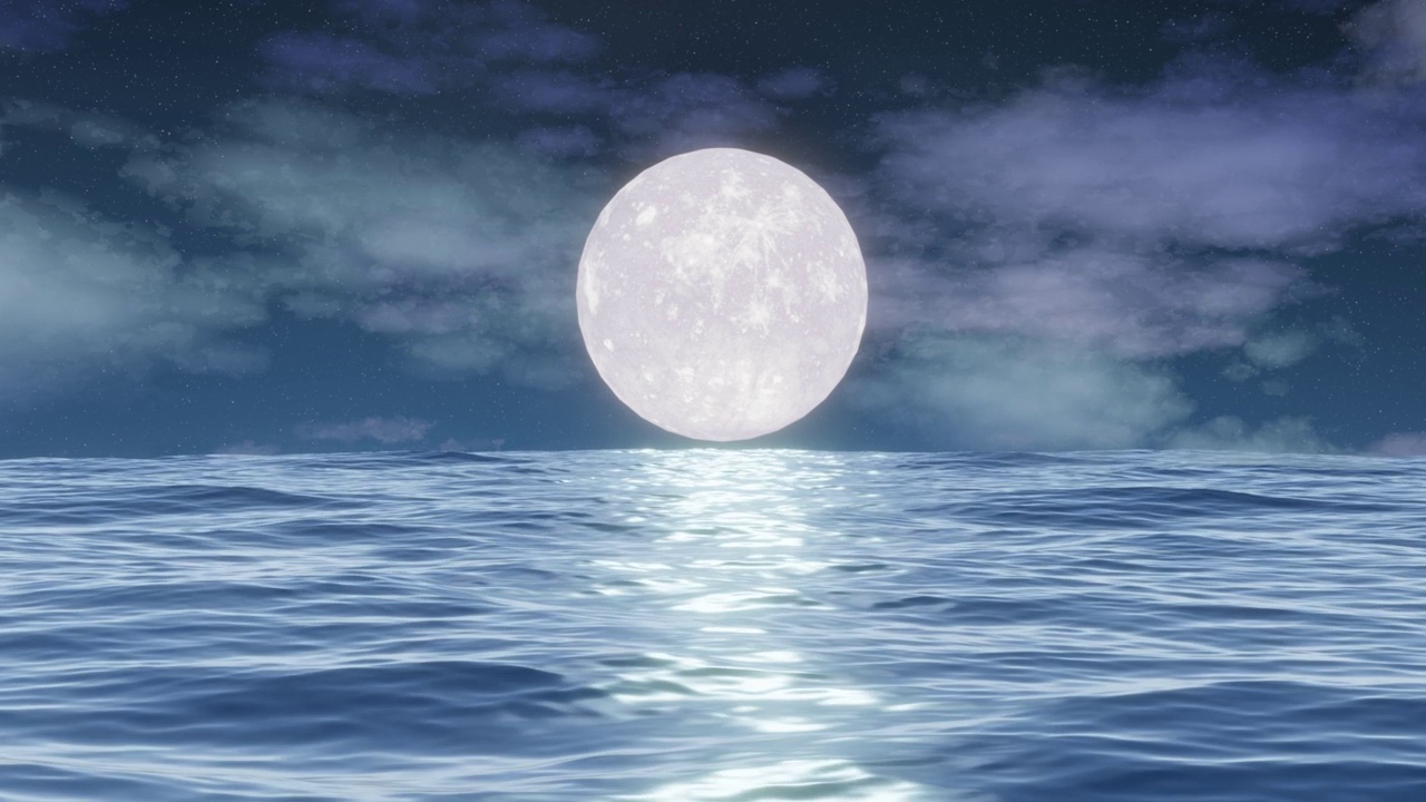 夜海月圆自然风光。海洋背景。动画云。水面上的小波浪。动画对焦镜头。