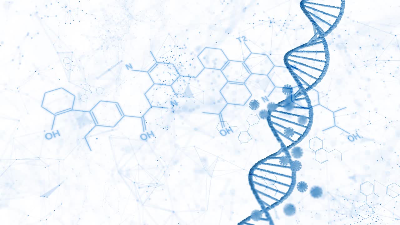化学结构为蓝色旋转DNA链分离于白色。