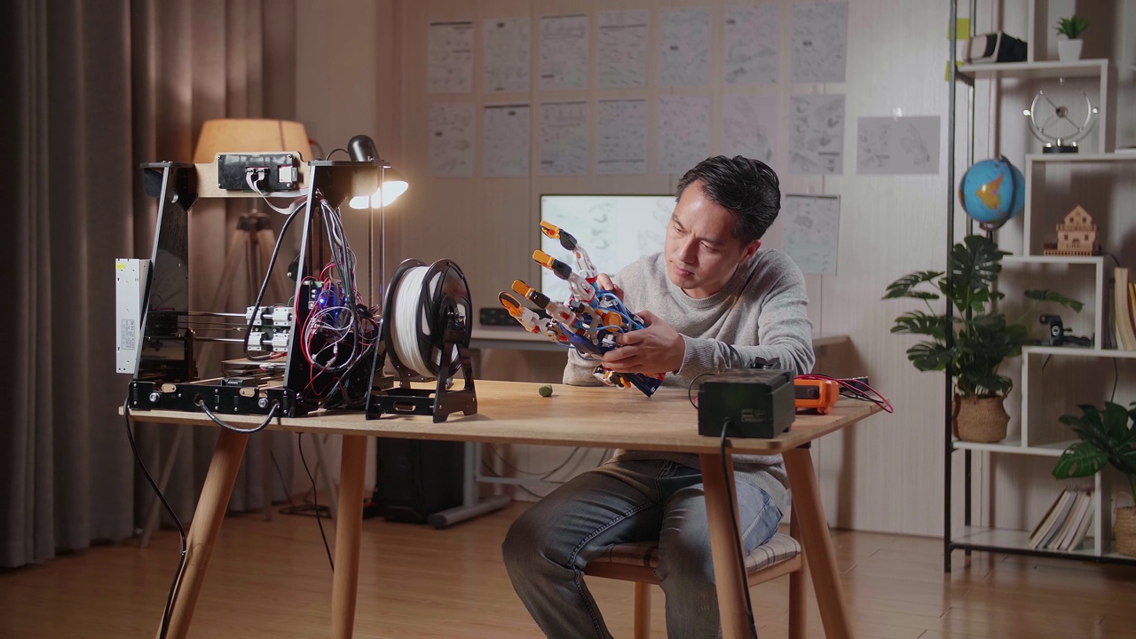 亚洲男性用3D打印修复半机械人的手在家里
