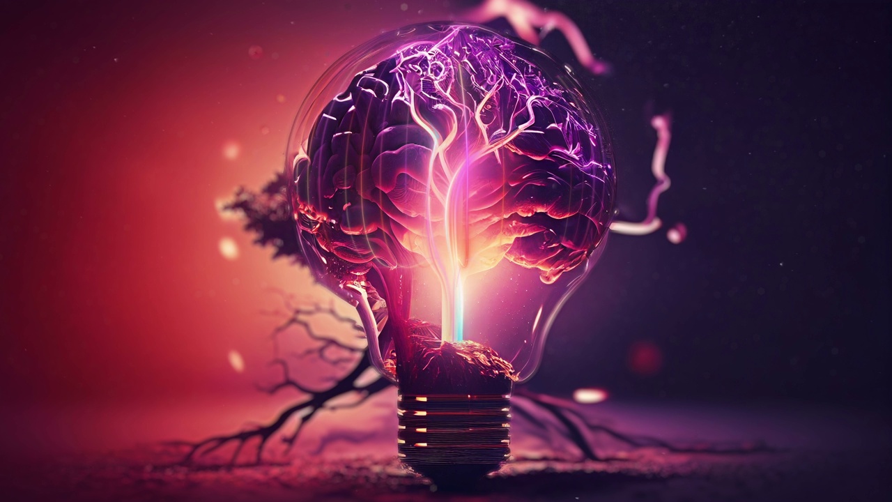 人脑中的人工神经网络与灯泡。3D视频循环运动隐喻背景。