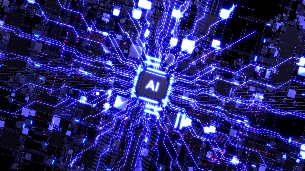 詳情圖-AI,CPU處理數據。發(fā)光的數據信號流動。