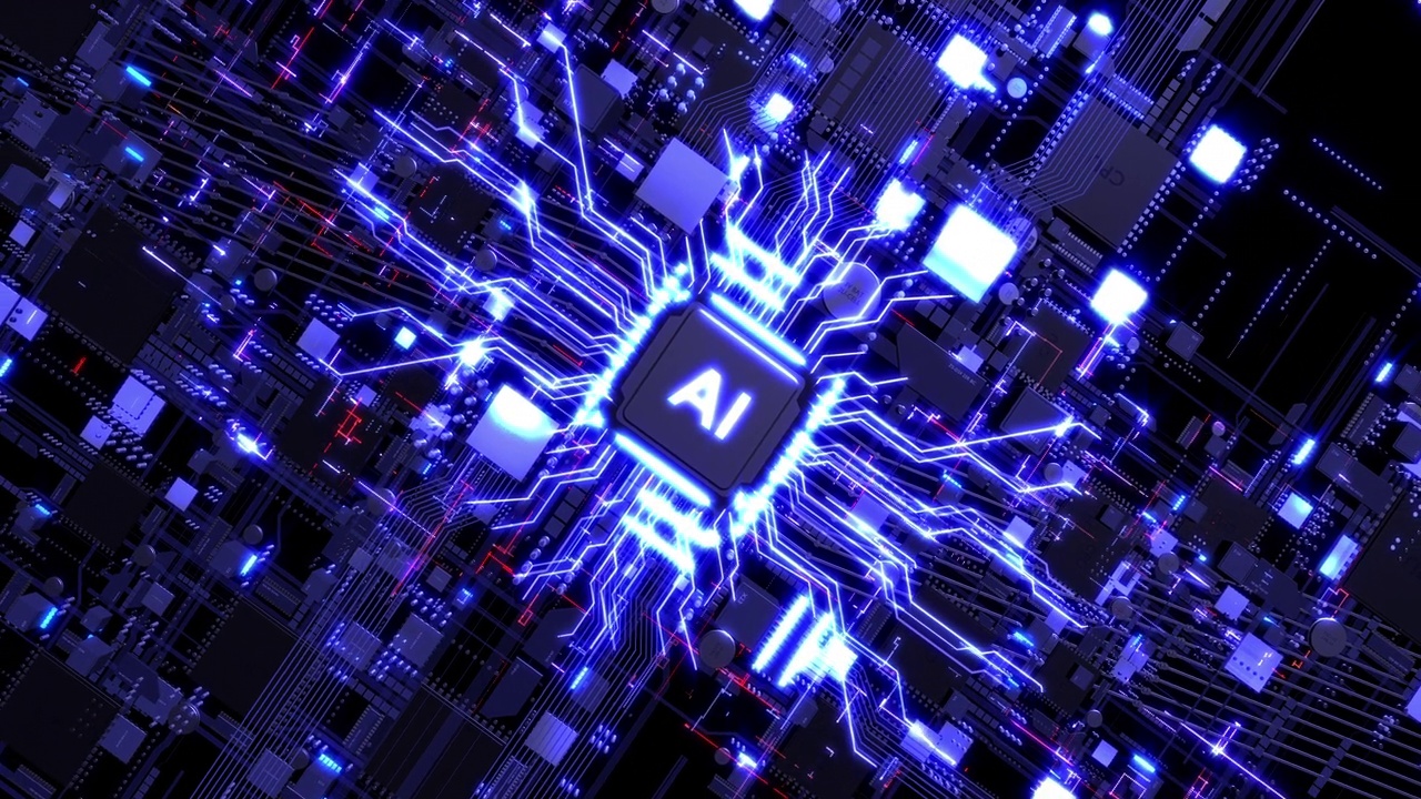 詳情圖-AI,CPU處理數據。發(fā)光的數據信號流動。