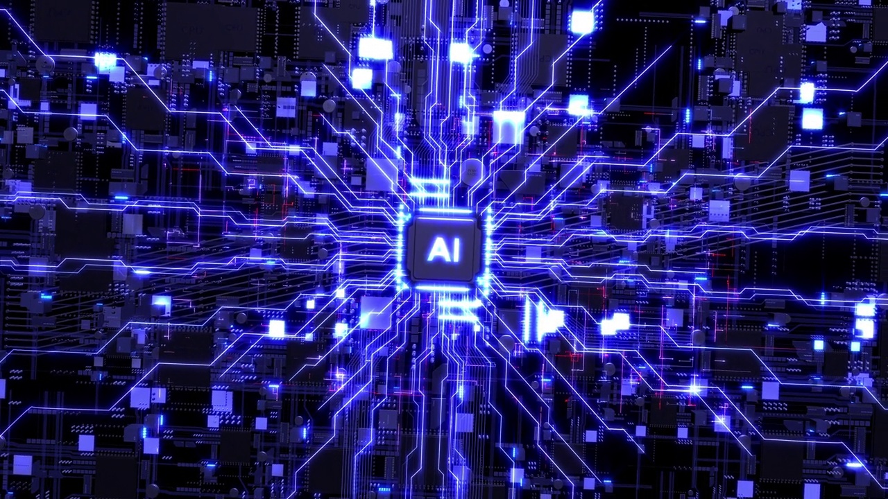 詳情圖-AI,CPU處理數據。發(fā)光的數據信號流動。