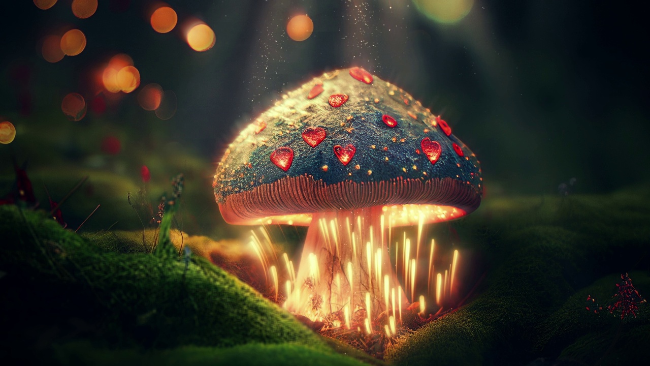 神奇的浪漫毒菌与心在一个童话森林3D视频循环动画背景