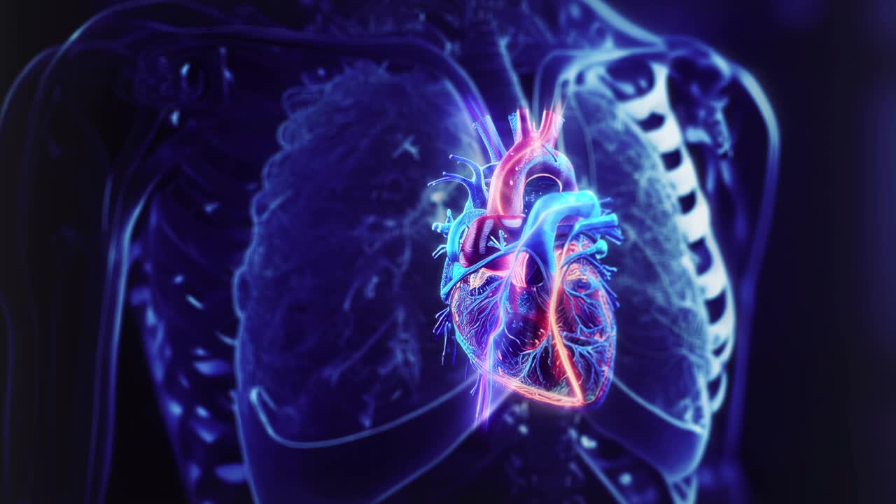 跳动健康的人类心脏x线3D渲染视频循环运动背景，概念解剖学学校教育