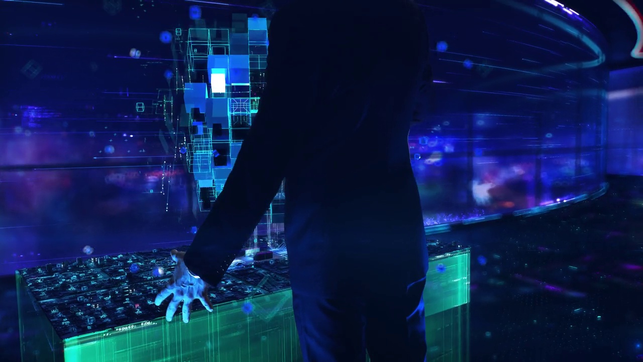 详情图-网络安全-商人工作和接触增强虚拟现实在夜间办公室。