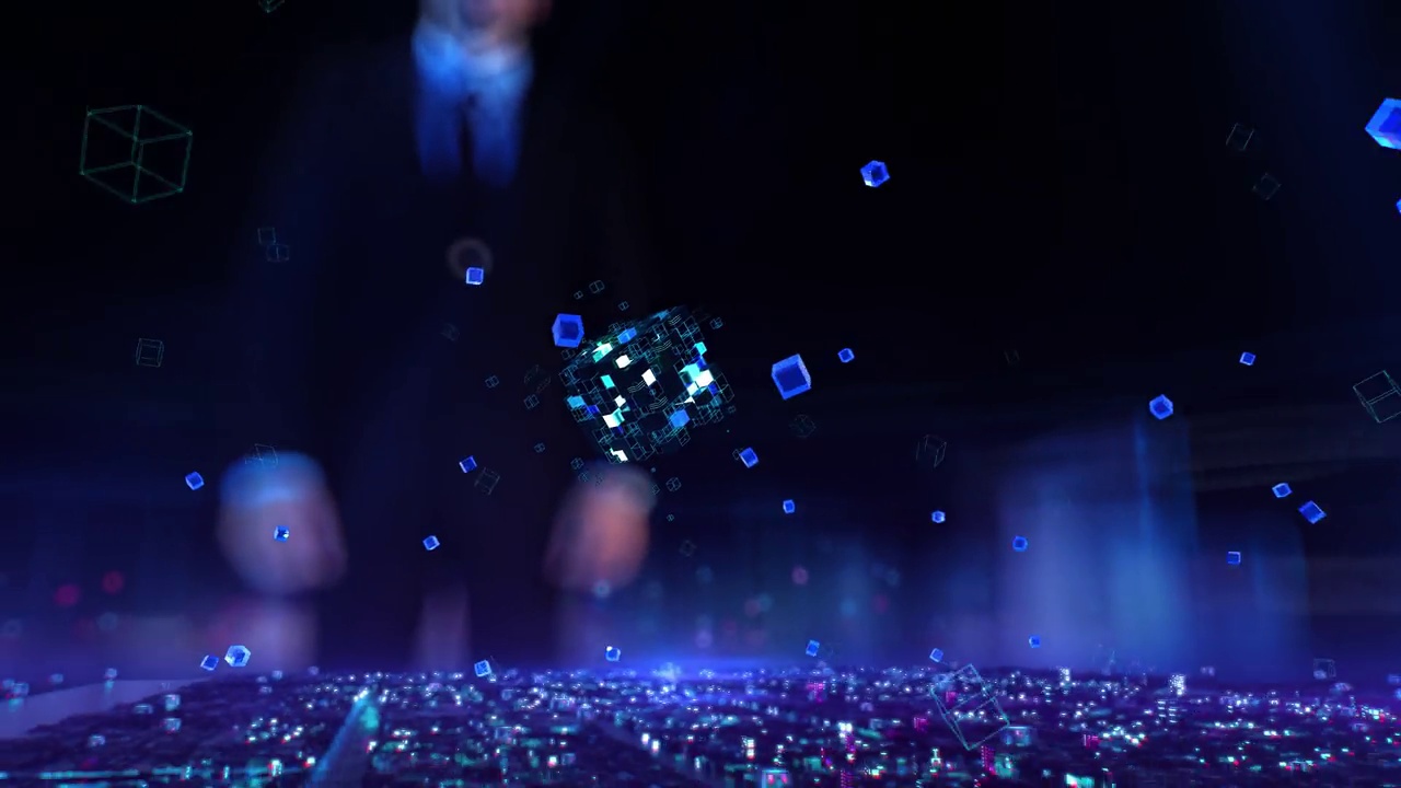 详情图-网络安全-商人工作和接触增强虚拟现实在夜间办公室。