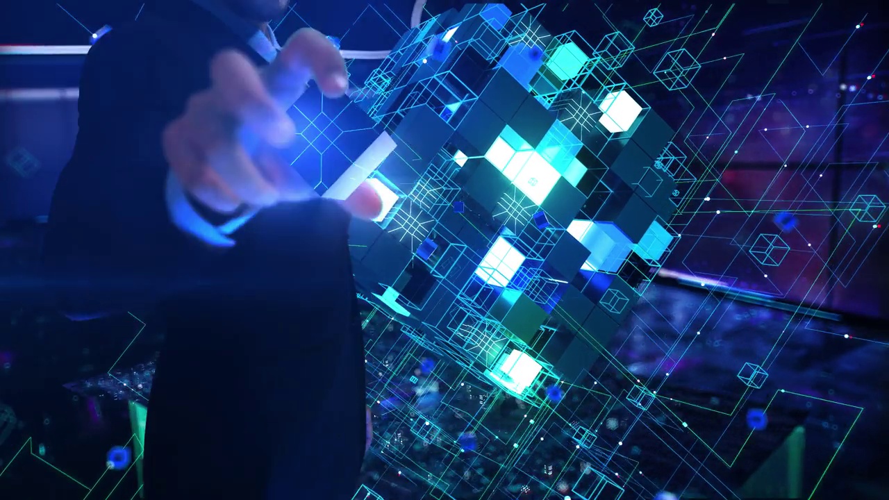 数据安全-商人工作和接触增强虚拟现实在夜间办公室。