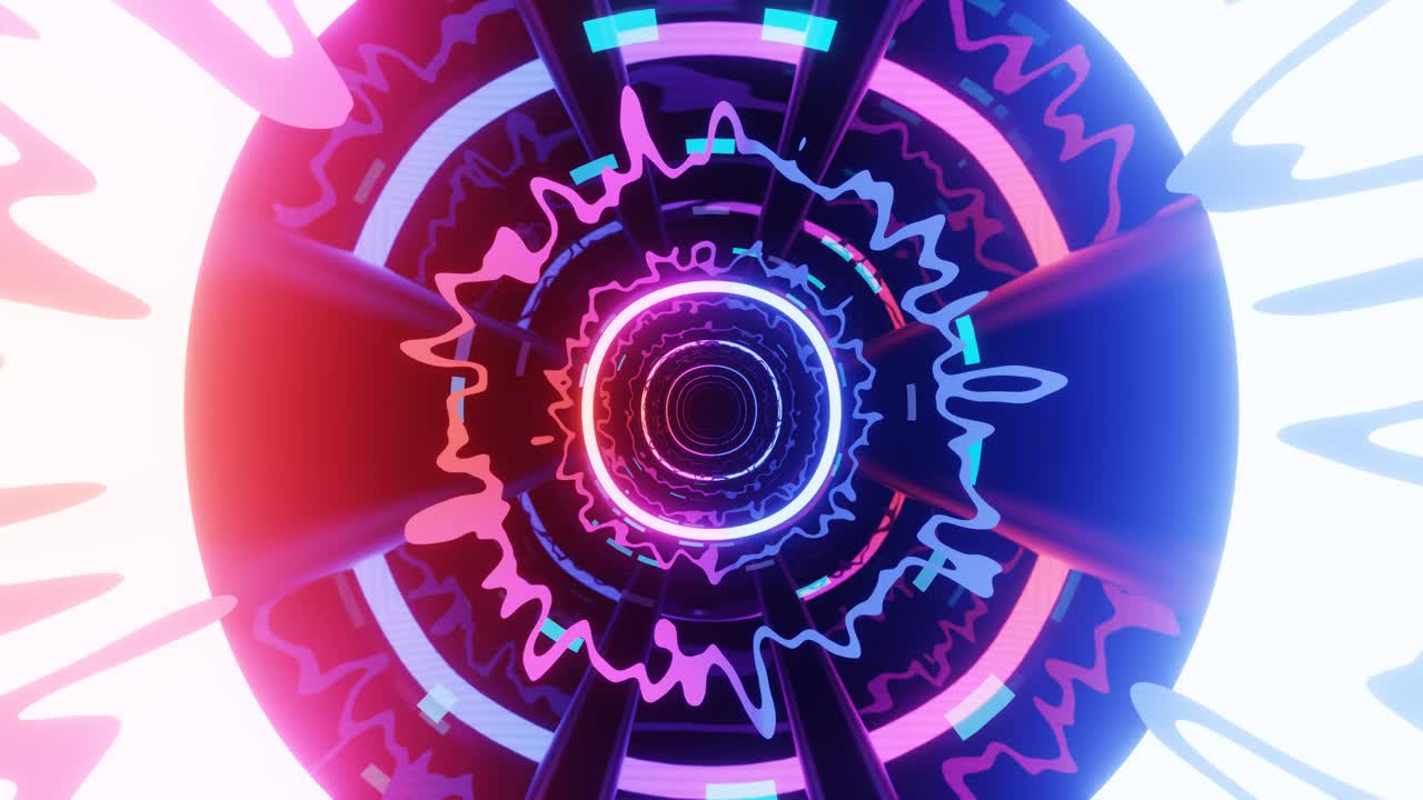 高科技霓虹灯科幻隧道。新潮的霓虹灯辉光线在镜子隧道中形成图案和结构。霓虹灯，信号。穿越科技网络空间。3d循环无缝4k明亮的青春背景
