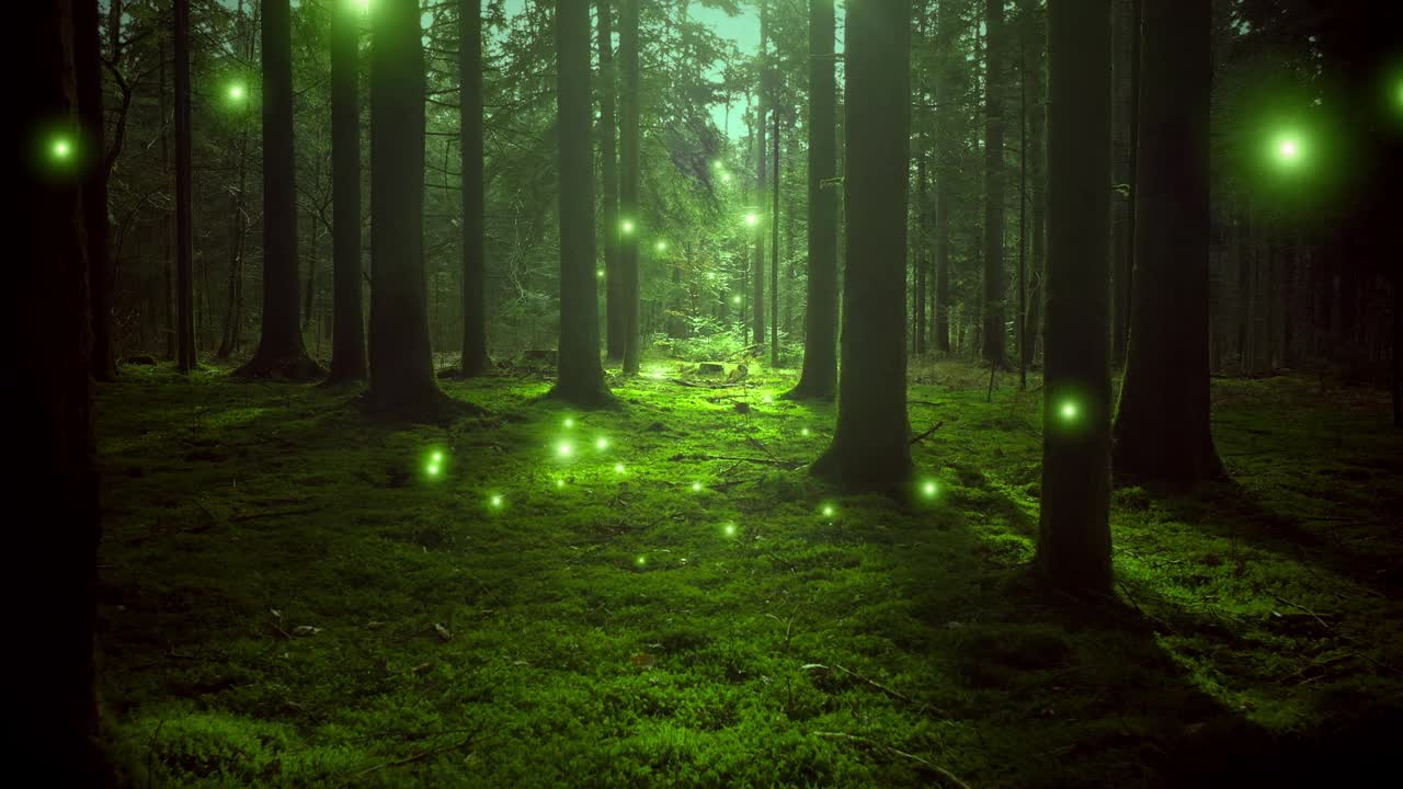 梦幻般的萤火虫在绿色阳光灿烂的苔藓林地。