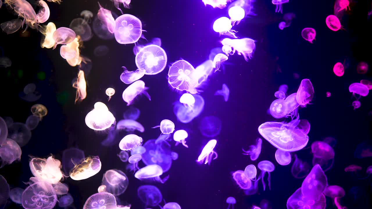 彩色水母在水族馆的水下移动。