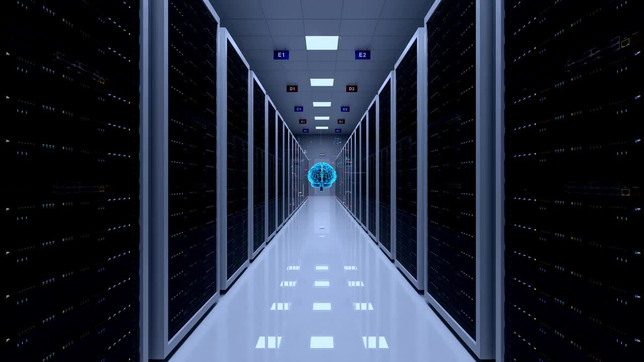 現代化數據中心的服務器機房。高速流動的電信號。