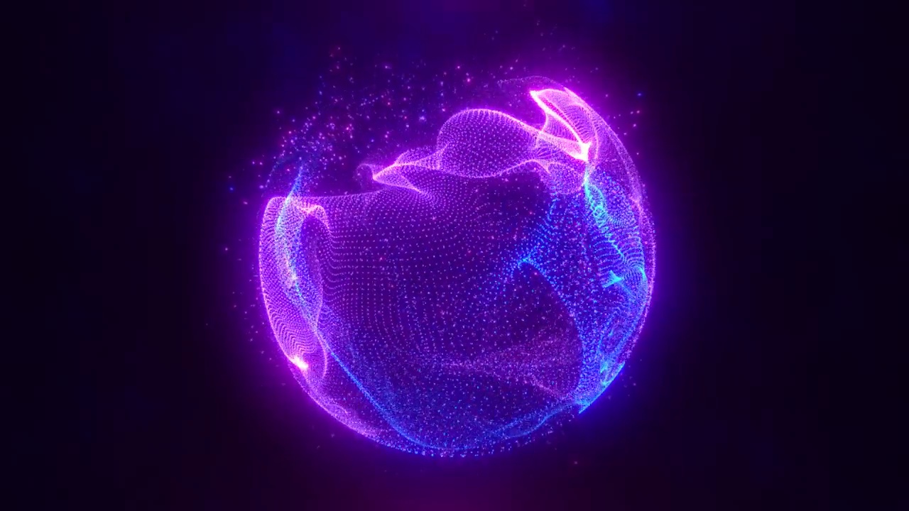 抽象的紫色环能量球的粒子和波的神奇发光的黑暗背景，视频4k