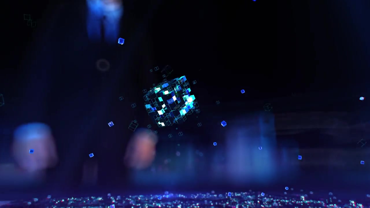 详情图-Web,3,-商人工作和触摸增强虚拟现实在夜间办公室。
