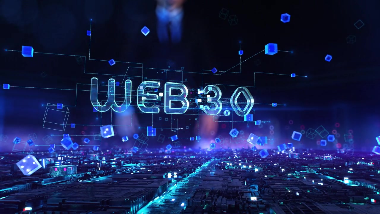 详情图-Web,3,-商人工作和触摸增强虚拟现实在夜间办公室。