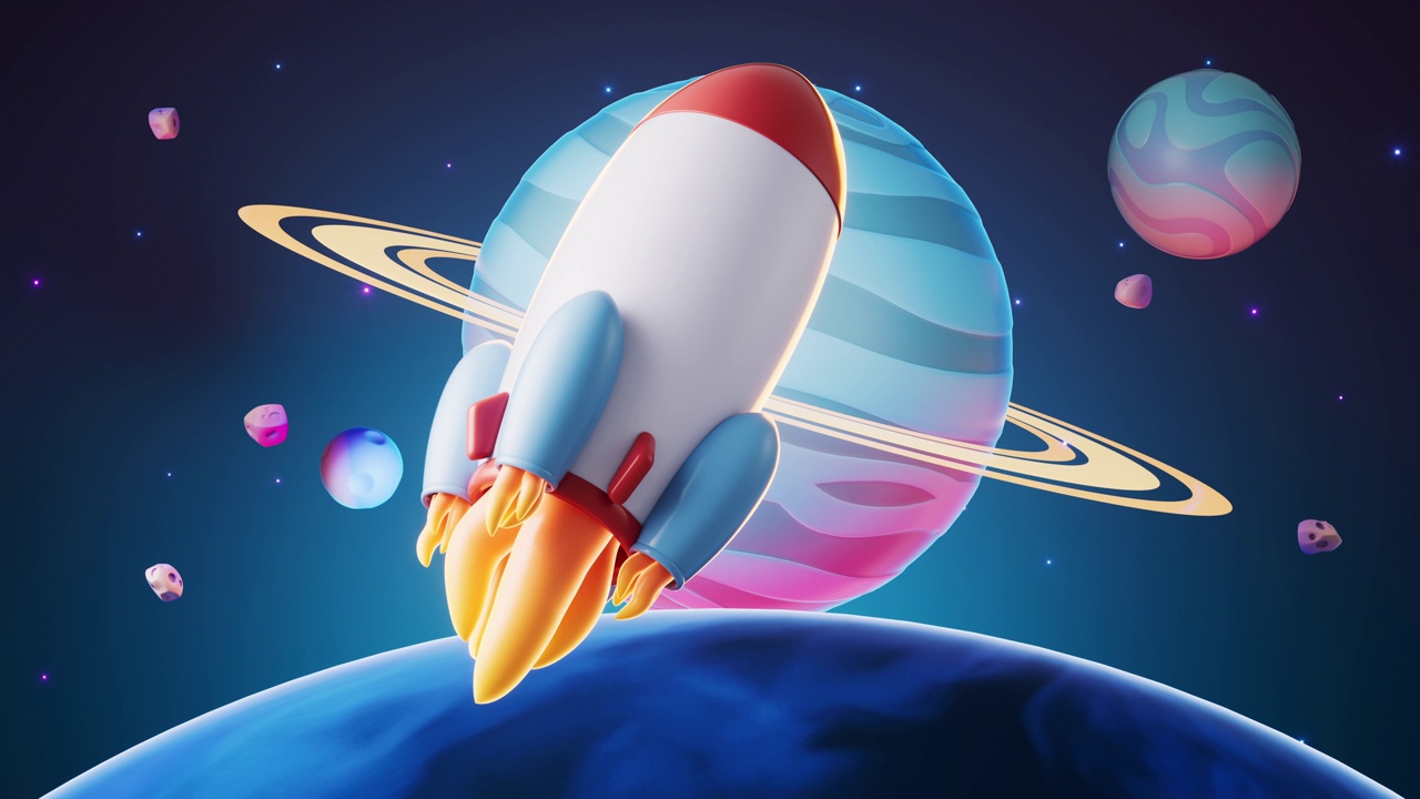 火箭和外太空，3d渲染。