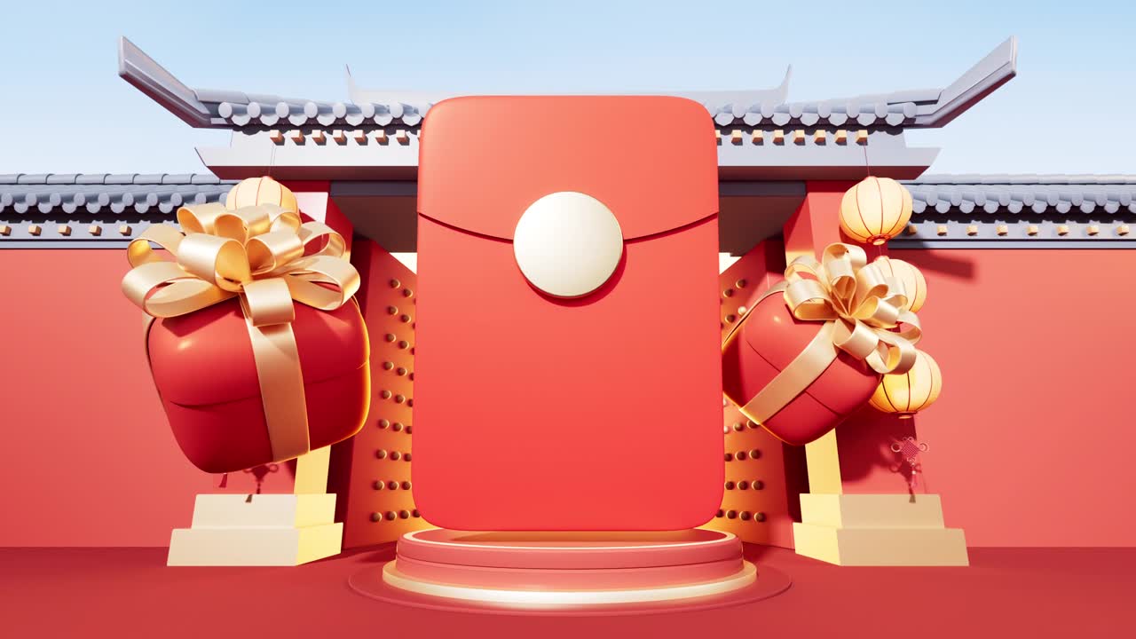 詳情圖-紅色包裝以中國古建筑為背景，3d渲染。