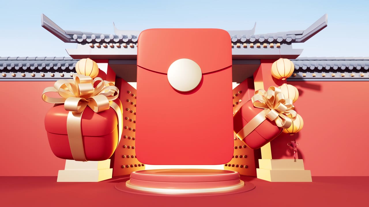 詳情圖-紅色包裝以中國古建筑為背景，3d渲染。