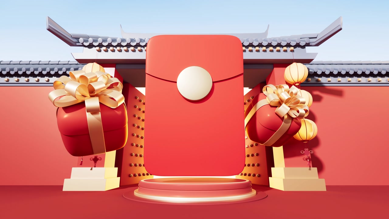 詳情圖-紅色包裝以中國古建筑為背景，3d渲染。