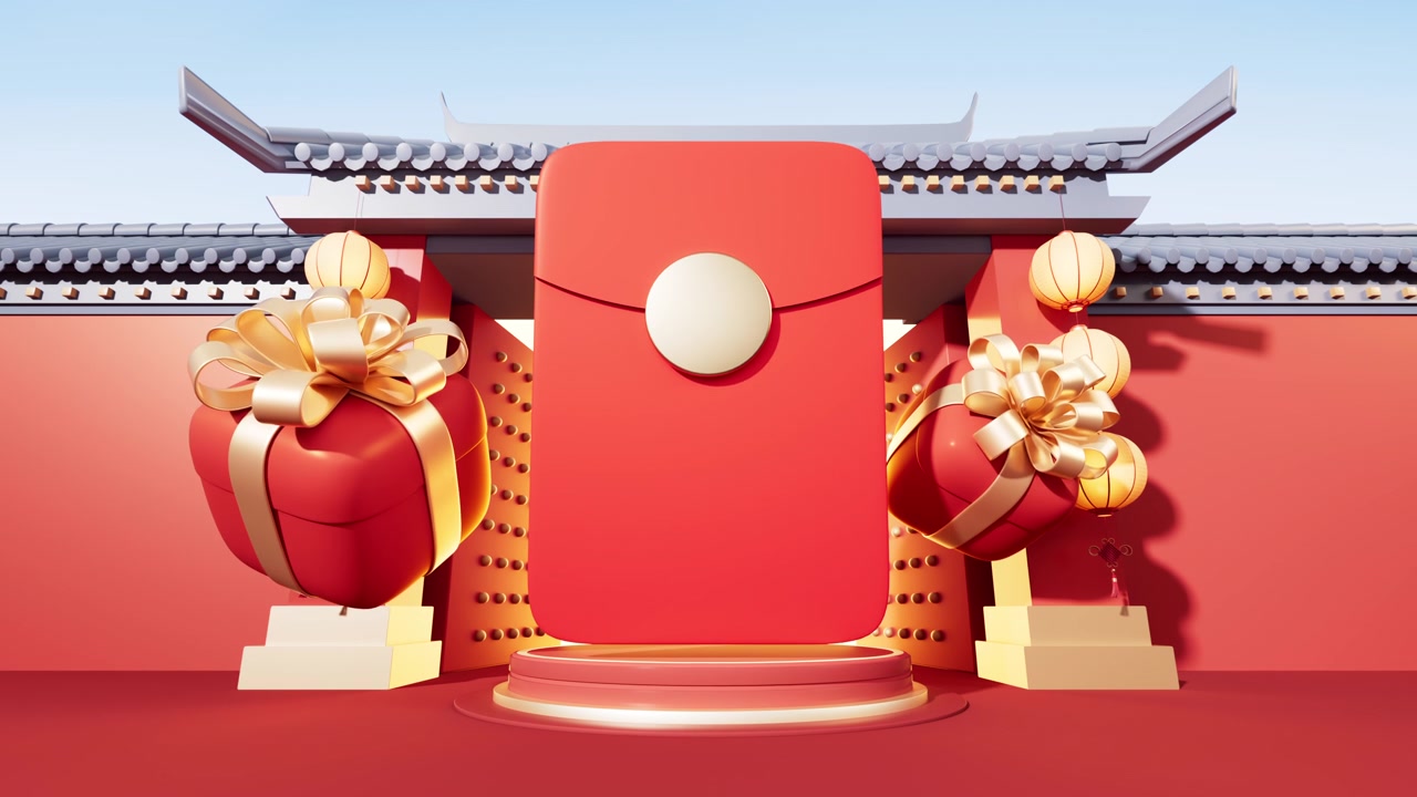 詳情圖-紅色包裝以中國古建筑為背景，3d渲染。