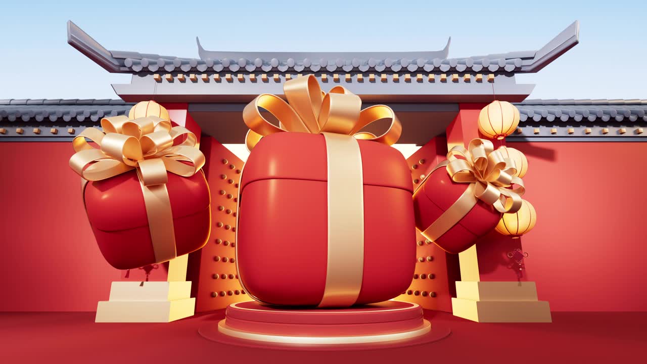 詳情圖-禮盒以中國古建筑為背景，3d渲染。